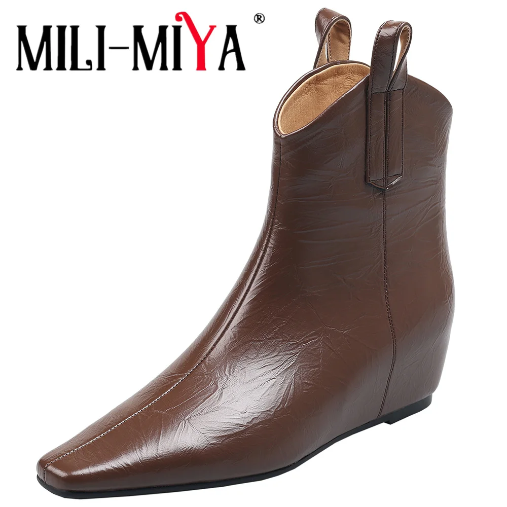 

MILI-MIYA Internal Height Increase Women Cow Leather Ankle Boots Pointed Toe Zippers Solid Color Big Size 34-40 Handmade