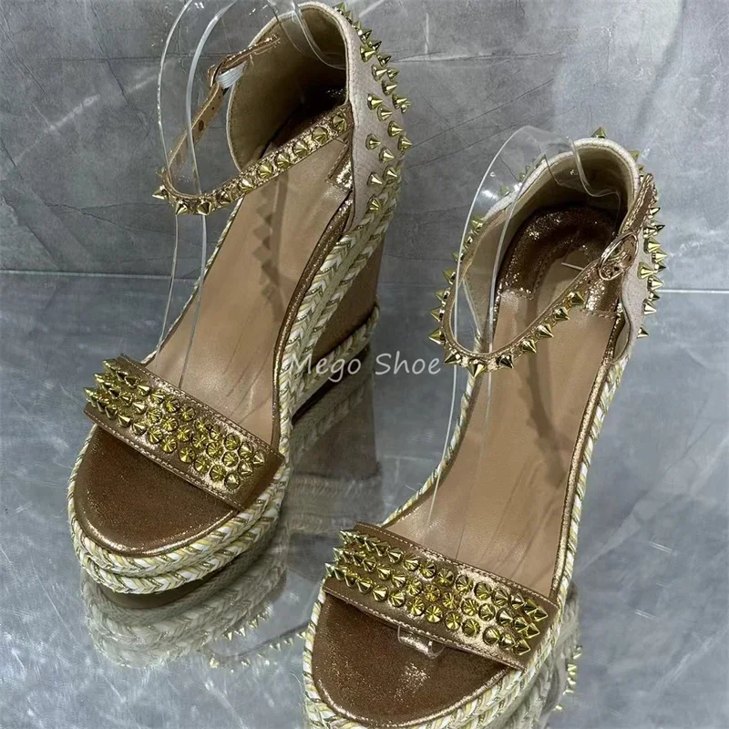 Golden Rivets Wedges High Heels Platform Sandals for Women Luxury Brand Design Cover Heel Designer Brand Design Shoes New
