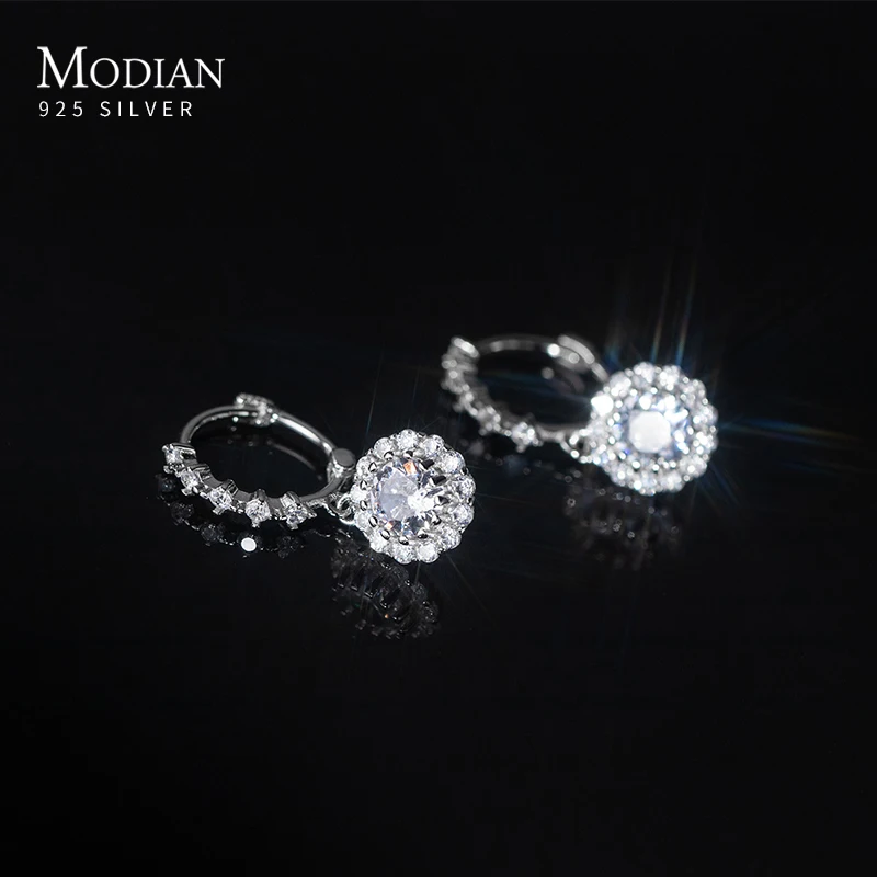 Moidan Luxury Sparkling Round Zirconia Dangle Earrings 925 Sterling Silver Charm Drop Ears For Women Wedding Statement Jewelry