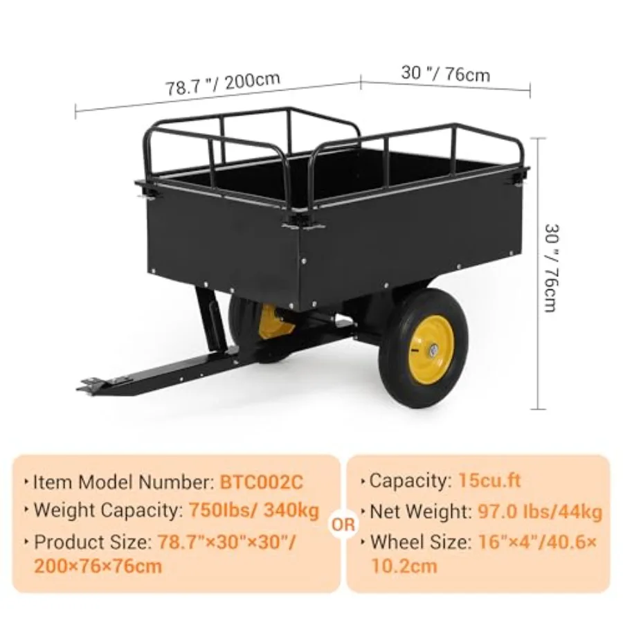 Heavy Duty 500LB Steel Dump Cart Trailer for ATV use, black body with yellow wheels, rugged steel construction, 10 Cu.Ft capaci