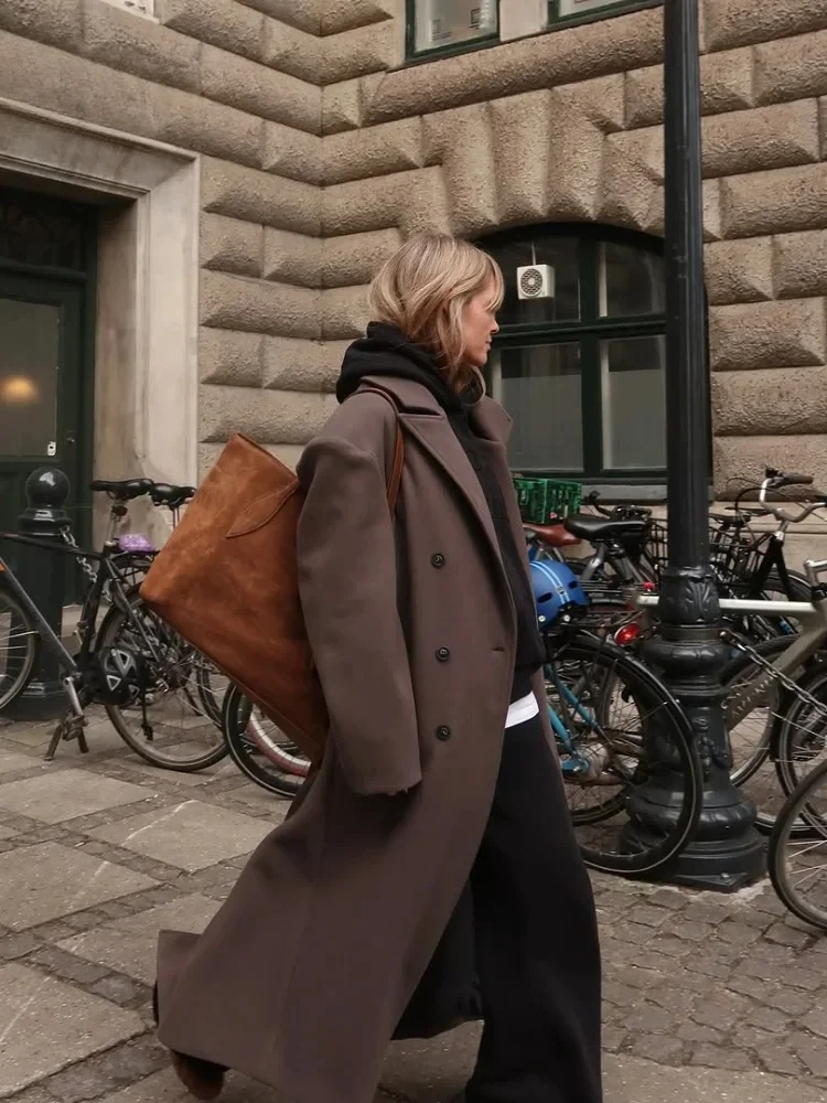 2025 Otoño Invierno Casual señora ropa de calle mujer abrigo largo de lana Casual manga larga solapa doble botonadura abrigos femeninos