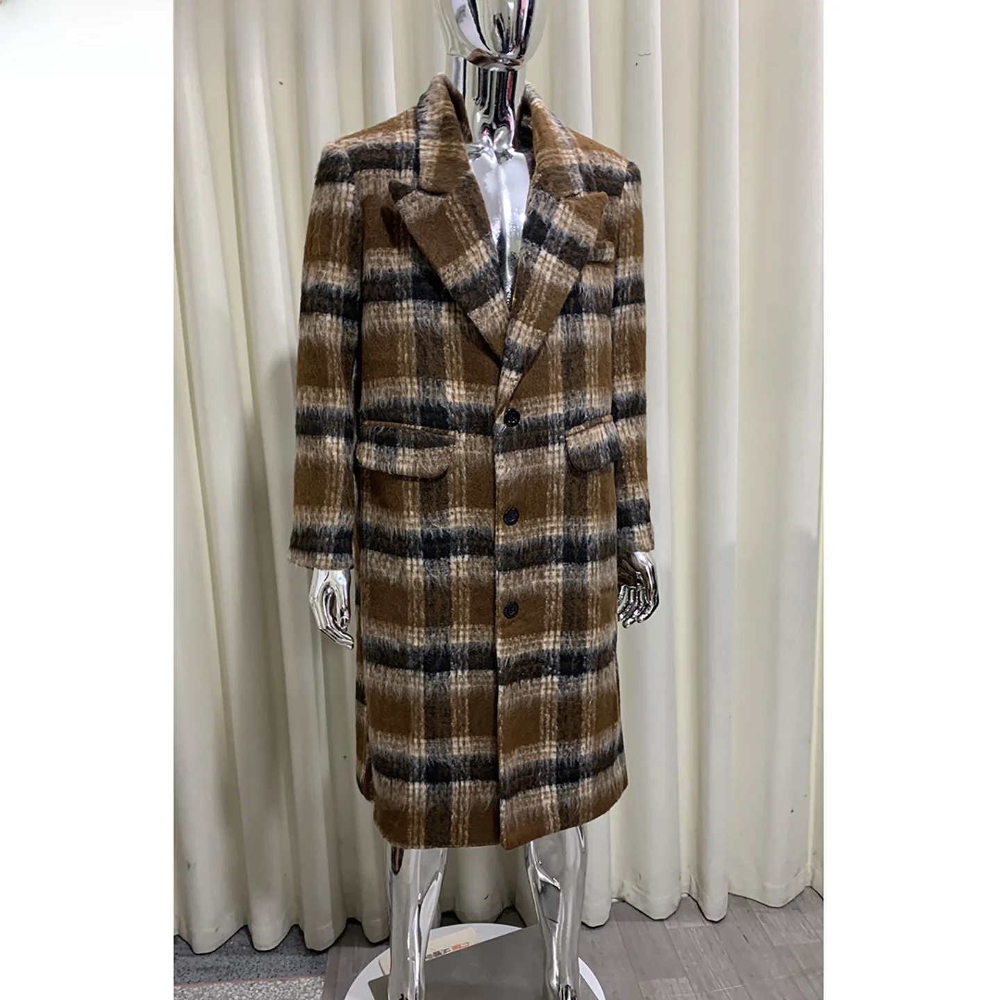 Nerazzurri Long Loose Plaid Woolen Coat Thickened Warm Women's Fashion Urban Style Winter Outerwear Polyester Fiber