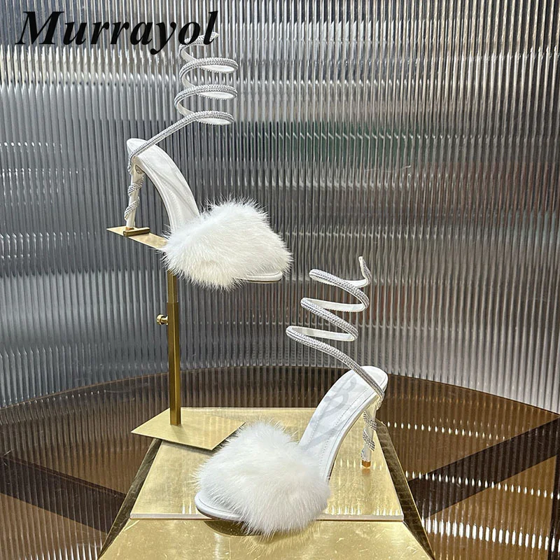 Sandalias Mujer Ankle Snake Shaped Strap Fur Sandals Women Bling Rhinestone Decor Thin High Heels Summer Party Dress Fairy Shoes