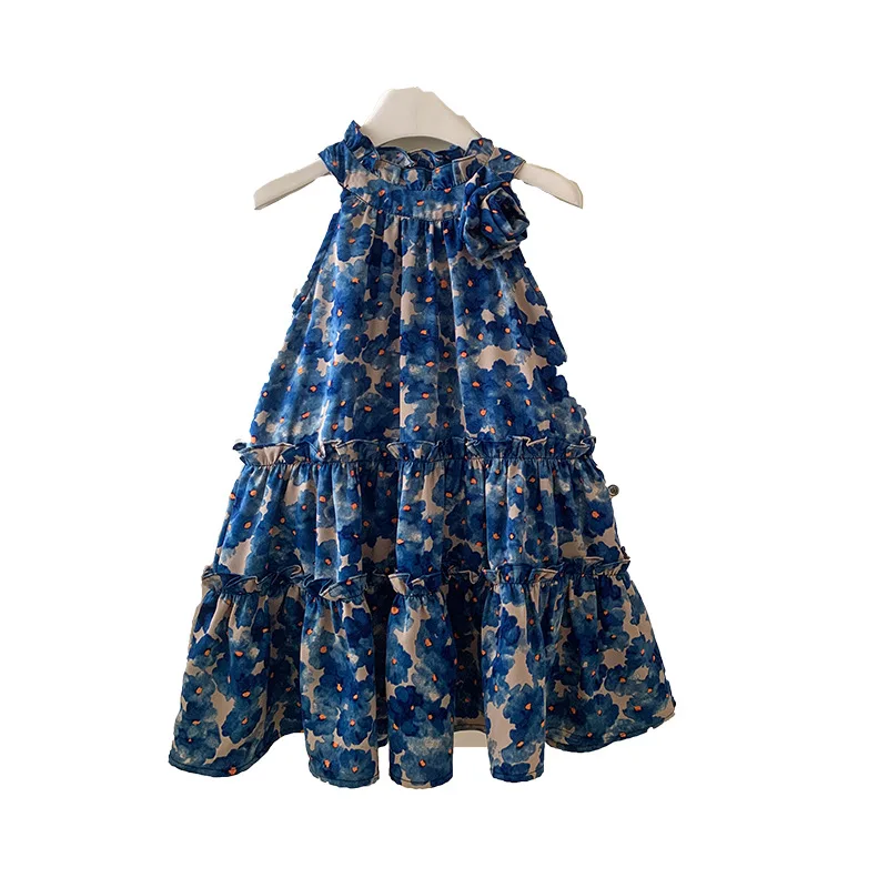 Girls' Summer Dress2024New Western Style Children's Summer Princess Dress Girls Older Children Floral Vest Skirt