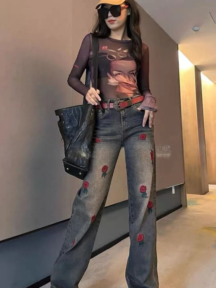 Fashion jeans women's autumn new item heavy embroidery fashion versatile elastic straight leg mop wide leg pants
