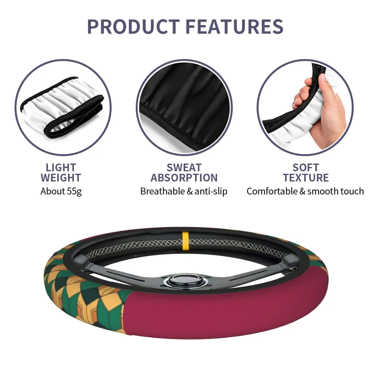 Tanjiro Kamado غطاء عجلة توجيه سيارة 38 سنتيمتر القتلة المرنة طباعة K-Kimetsu أنيمي Elastische سيارة التصميم اكسسوارات السيارات