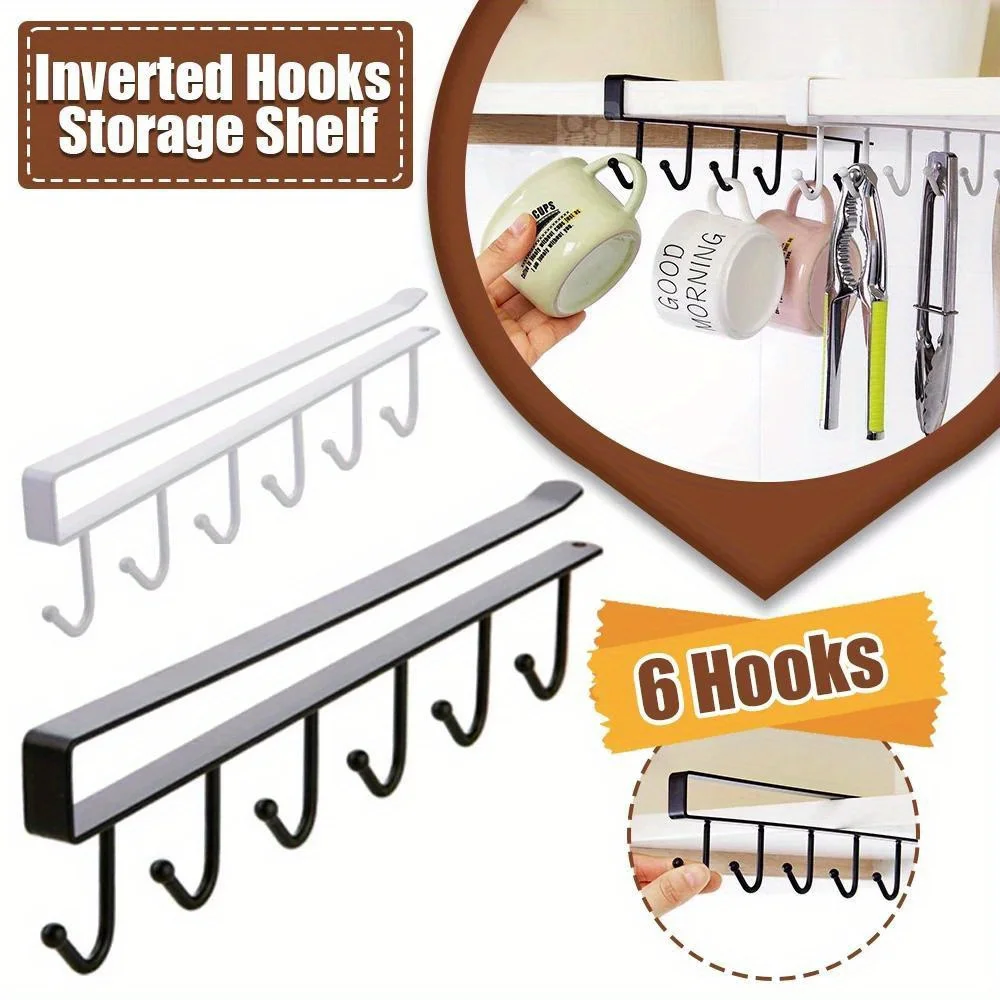 1pc Kitchen Shelf Storage Clothes Hanging Organizer Cup Holder Glass Mug Holder 6 Hooks Storage Rack 2030