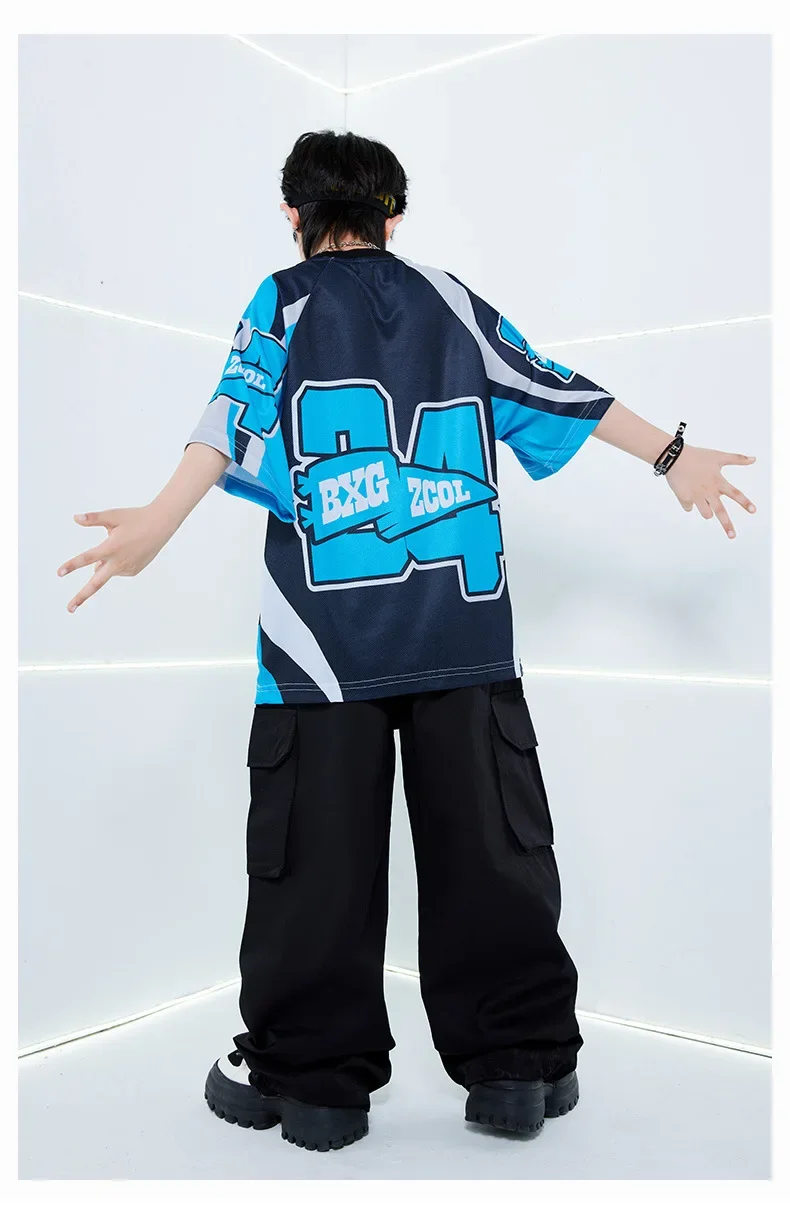 Neues, cooles, leuchtend blaues Street-Dance-Kostüm, Kinder-Jazz-Mode, Kleidung für Jungen und Mädchen, Hip-Hop-Oberteile in Oversize-Passform, Hosen, Outfit für Laufsteg-Shows. – Detail 8