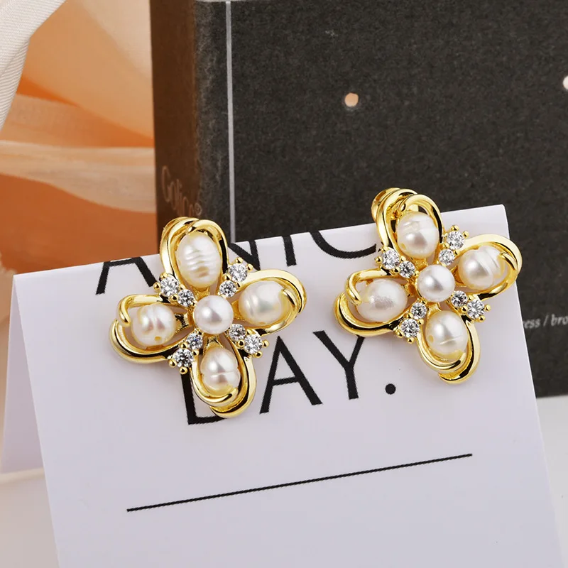 

5 Pairs Flower style Pave Natural freshwater Pearls Gold Plated Earrings Gift Elegant Women Jewelry