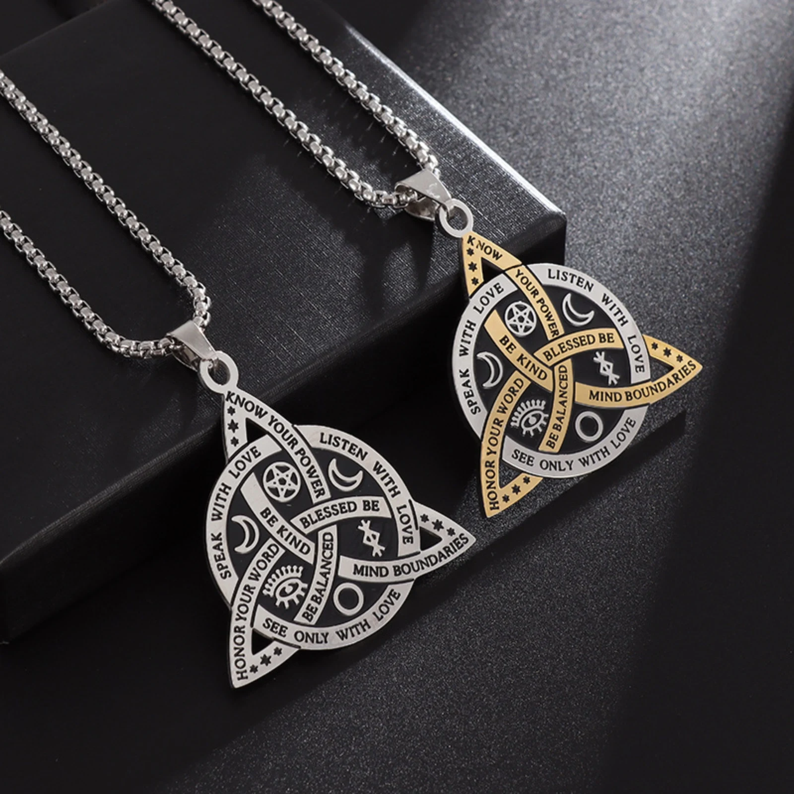 Edelstahl Wicca Dreifachknoten Halskette Keltisches Triquetra Hexen-Anhänger Halskette für Frauen Männer Schutzschmuck Geschenk – Detail 4