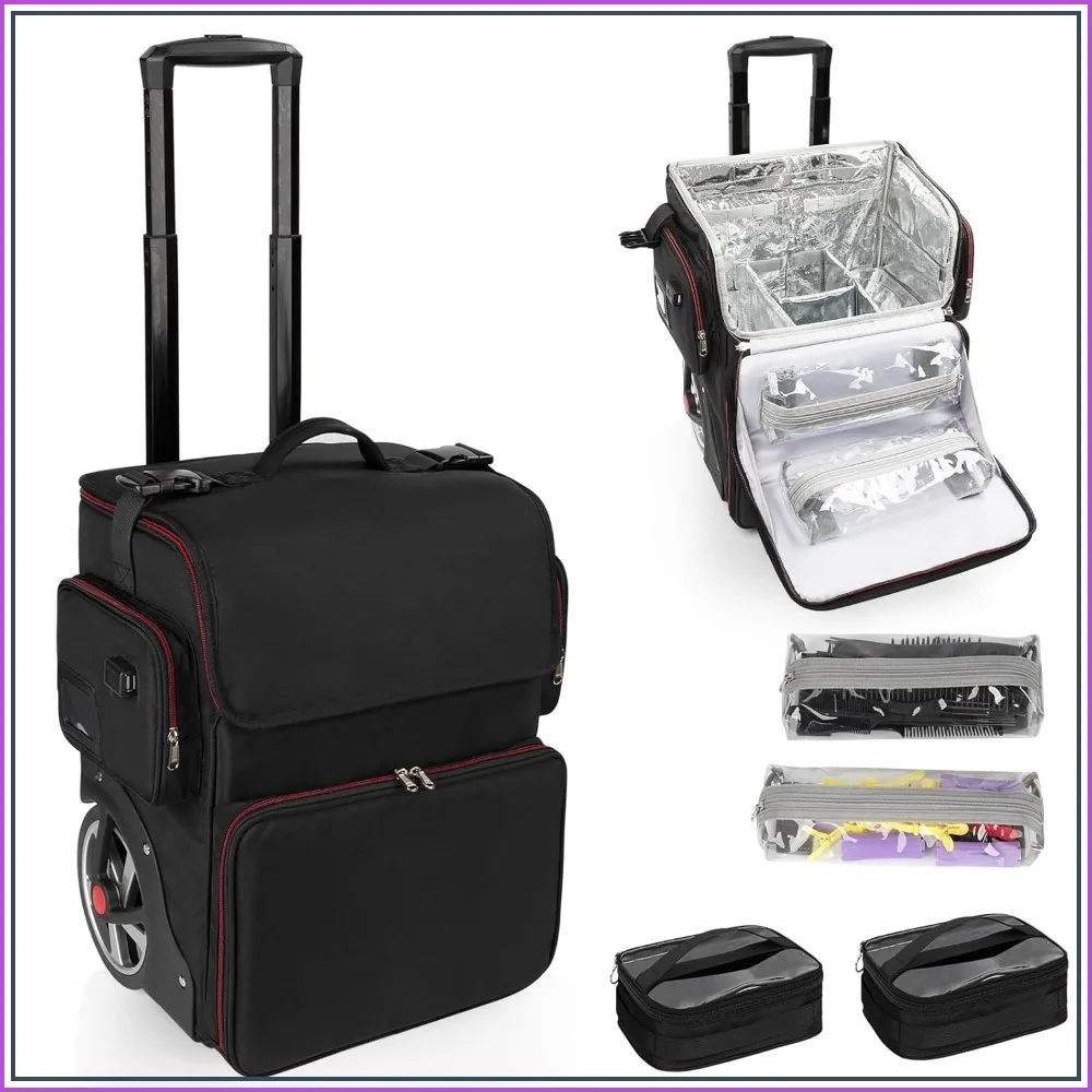 

Large Makeup Train Case, Cosmetic Case for Hairstylist, Hairdresser Bag with Detachable Pouch, Heat Insulation Trolley