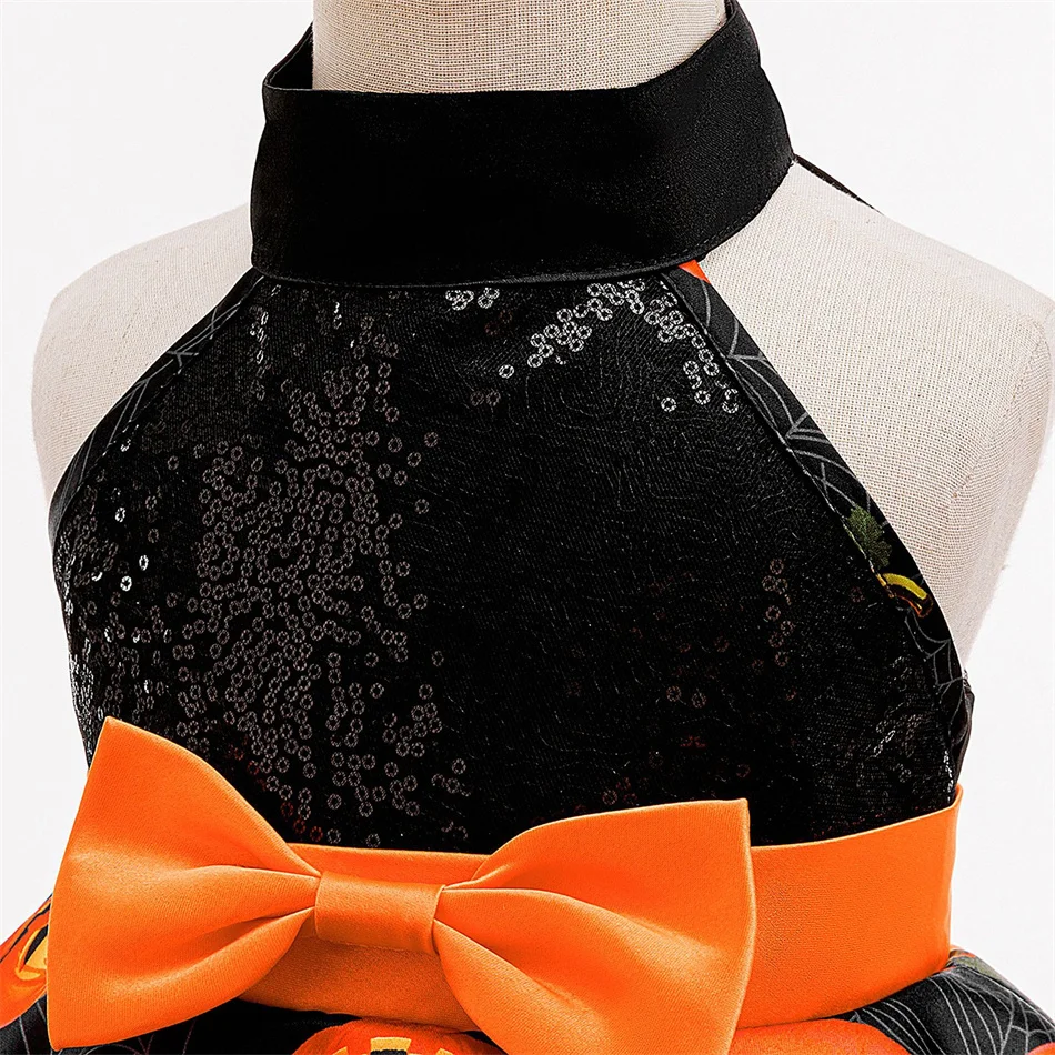 Toddler Pumpkin Print Halloween Party Cosplay Mesh Ball Gown Baby Girls Birthday Carnival Charm Cartoon Bow Princess Dress - view 2