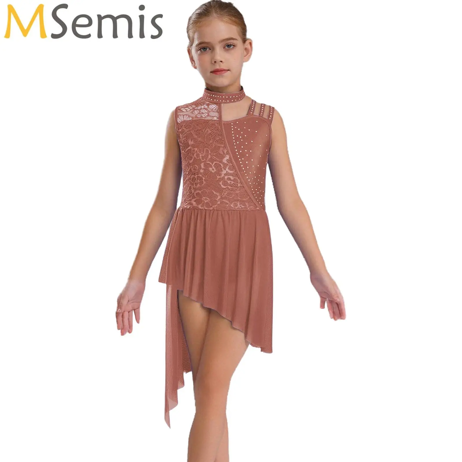 

Kids Girls Lyrical Jersey Modern Dance Dress Floral Lace Asymmetric Ballet Gymnastics Figure Skating Leotard Dress Dancewear
