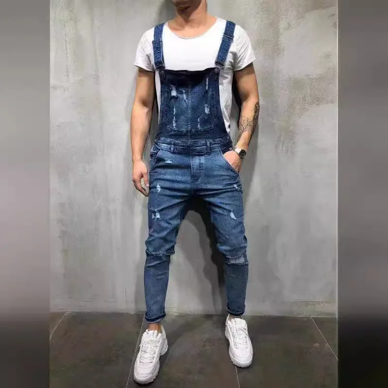 Casual Mens Jeans Suspenders High Elastic Men Clothing Adjustable Overalls Ripped Jeans Trousers Streetwear Men Cargo Pant Baggy