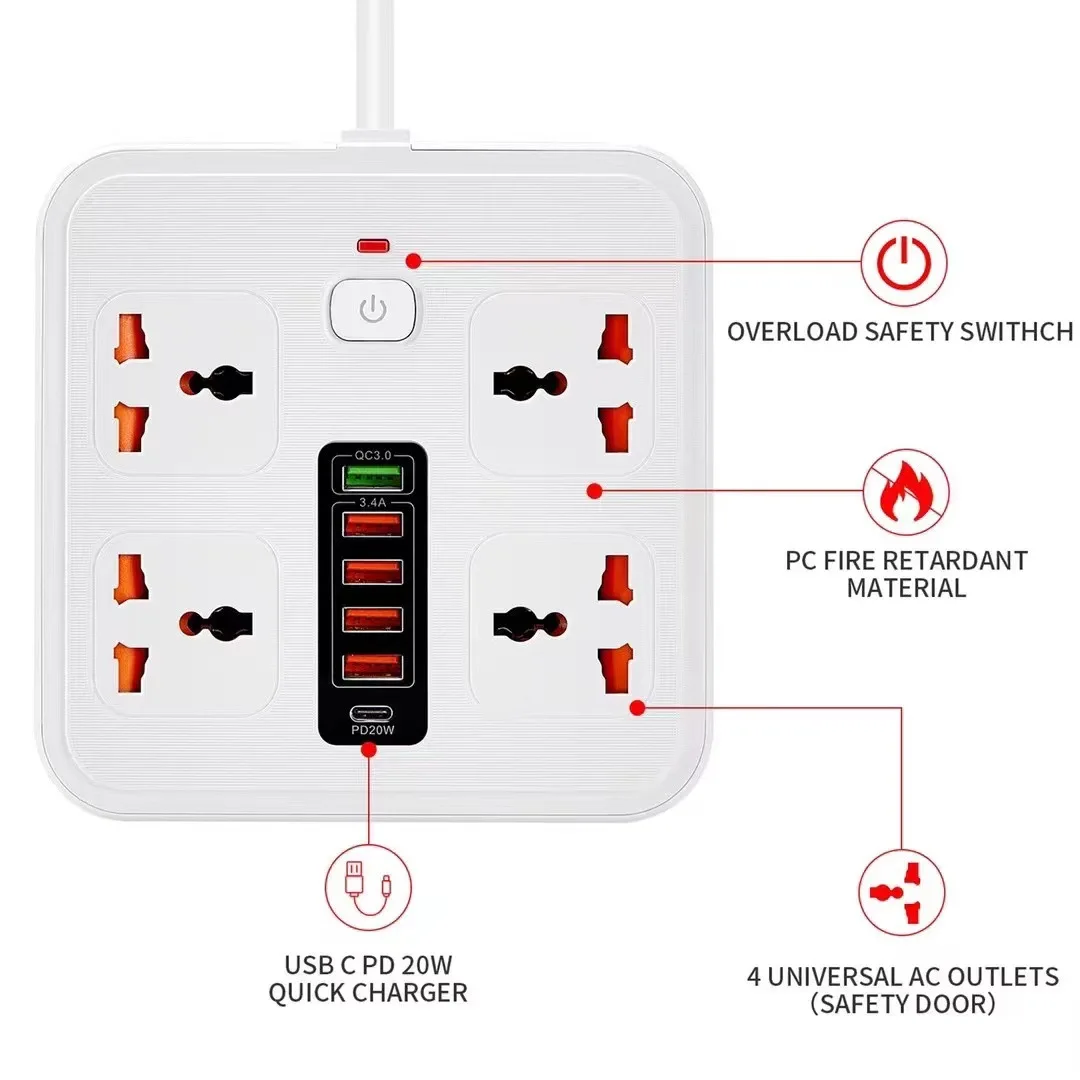 UK US EU AU Hot Selling 4-position Universal Hole Multi Fast Charging USB Plug PD+QC3.0 Overload Protection Plug Board Socket