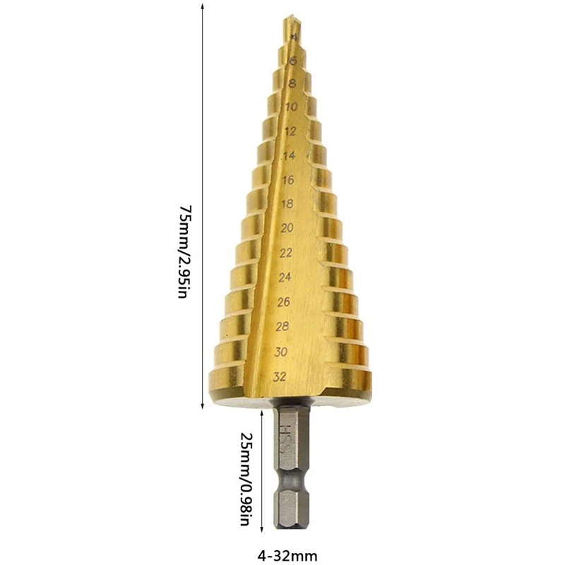 Hex Core Step Drill Bit 4-12mm 4-20mm 4-32mm HSS Straight Groove Titanium Coated Wood Metal Hole Cutter Drilling Power Tool Set