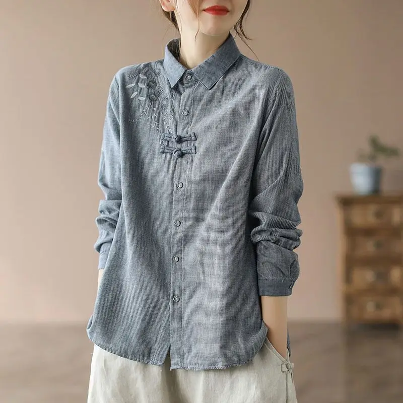 Grey Button Cotton Linen Embroidered Plaid Shirt Top For Women\'s Spring/summer New Long Sleeved Top