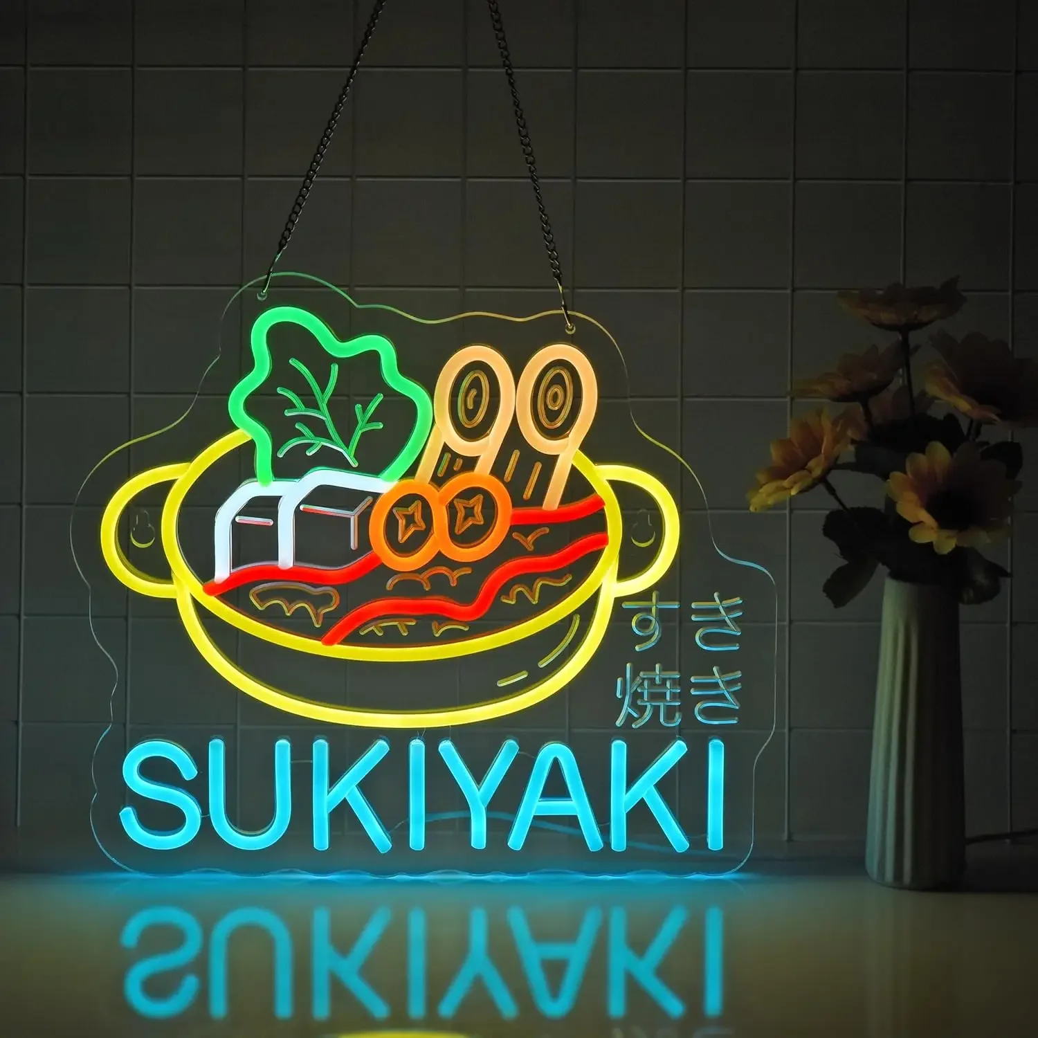 Sukiyaki Neon Sign LED Wall Art Japanese Hot Pot Meat Veggie Colorful Glow USB Powered Dimmable Acrylic Lamp Restaurant Decor