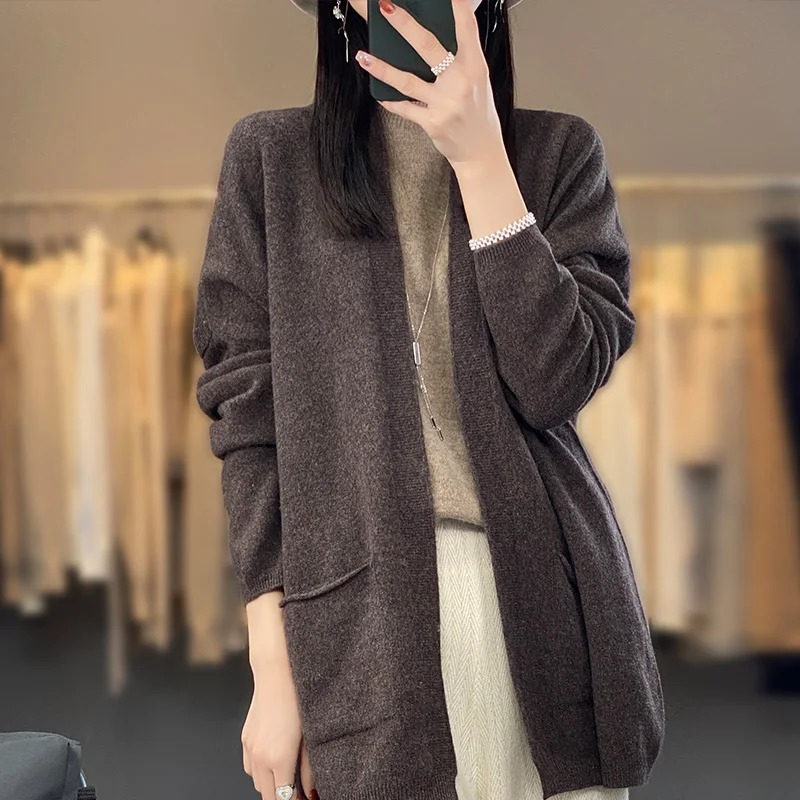 Spring and Autumn Clothing Women\'s V-neck Knitted Cardigan 100% Merino Wool Sweater Fashion Casual Loose Korean Large Coat