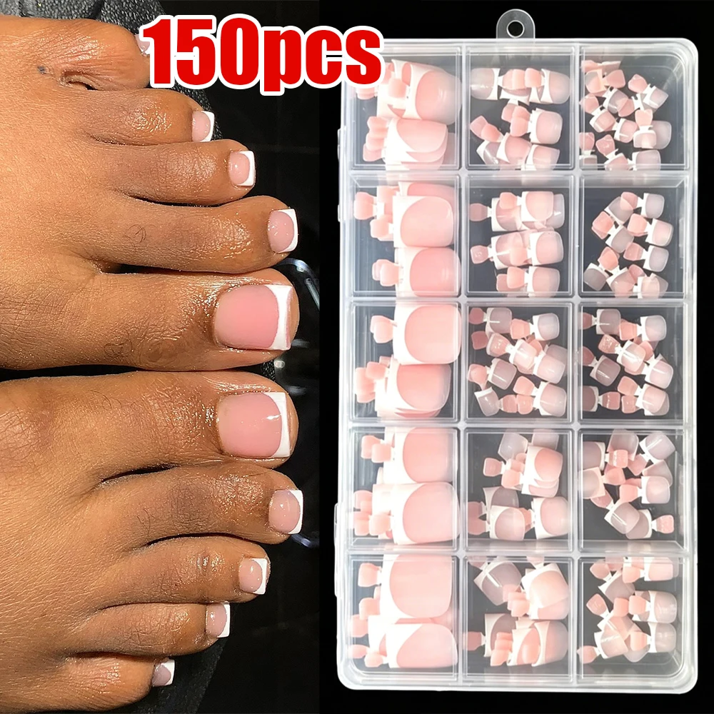 150pcs French Square Press-On Toenails Matte Nude French Soft Gel Toe Nail Tips 15 Sizes Full Cover Pre-Designed Fake Toenails