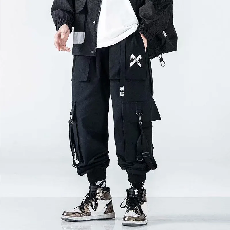 Techwear Ribbons Tactical Cargo Baggy Pants Jogger Men Casual Letter Hip Hop Teenager Sweatpants Joggers Cropped Pants For Men