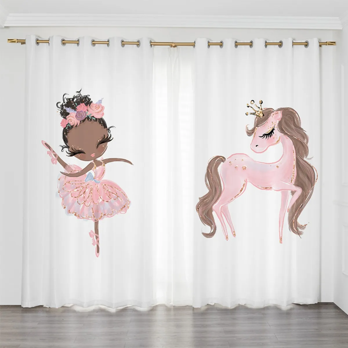 2 Panel Pink Unicorn Curtains Ballerina Girl Curtains for Kids Girls Bedroom Window Blinds Floor-to-ceiling Windows Grommet Top