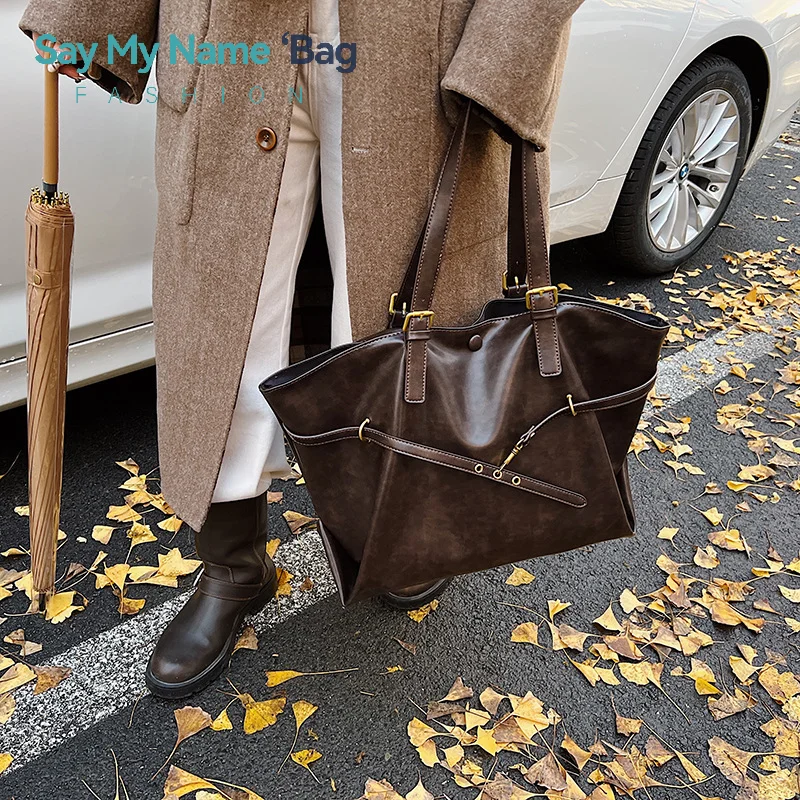 

Women's Vintage Large Capacity PU Leather Tote Bag Metal Buckle Strap Accents Top - Handle Shoulder Carry Bags For Winter 2025