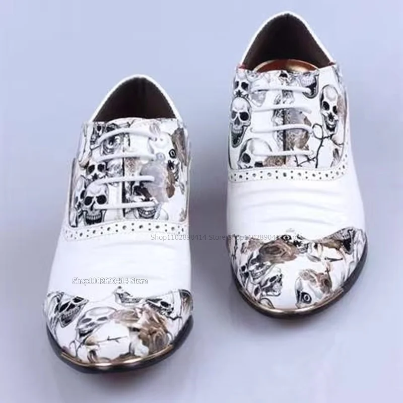 Strappy Decor Skull Prints Metal Bordered Loafers High Quality Korean Style Men Shoes Handmade Pointed Toe Novel Low Top Shoes