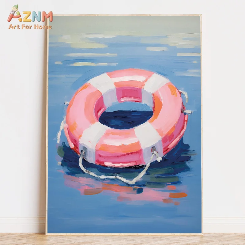 AZNM Hand Painted Style Pink Lifebuoy Sea Canvas Poster, Frameless Soft Coastal Nautical Illustration Wall Art For Beach House B