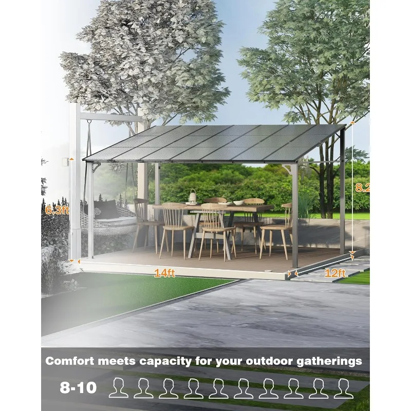 Alumínio Frame montado Gazebo para gramado pátio, Hardtop parede pérgola, magra para Gazebo, policarbonato telhado, 12 'x 14'