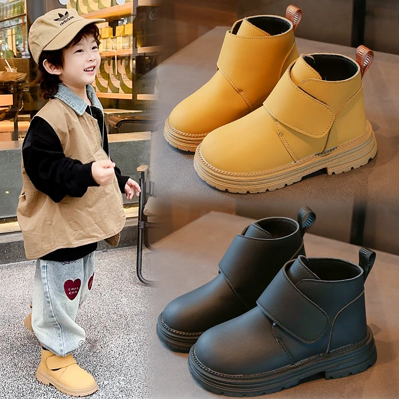 Children\'s Baby Boots 1-18 Years Old Yellow Simple Boys Girls Leather Boots Four Seasons Hundred with Non-slip Kids Martin Boots