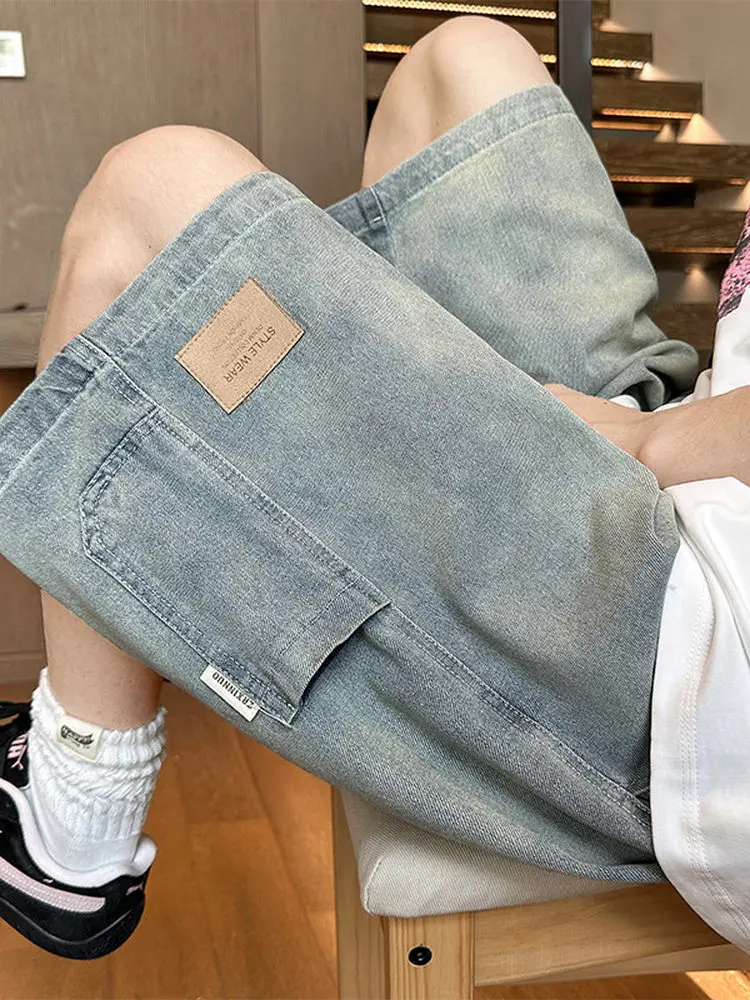 Summer Thin Fashionable American Retro Workwear Denim Shorts Men's Loose Straight Leg Washed Five-Point Casual Trousers