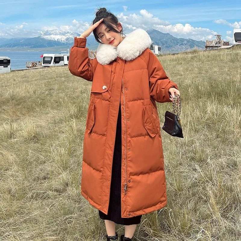 New Women Down Cotton Coat Winter Jacket Female Mid Length Version Parkas Thick Warm Outwear Hooded Fur Collar Overcoat