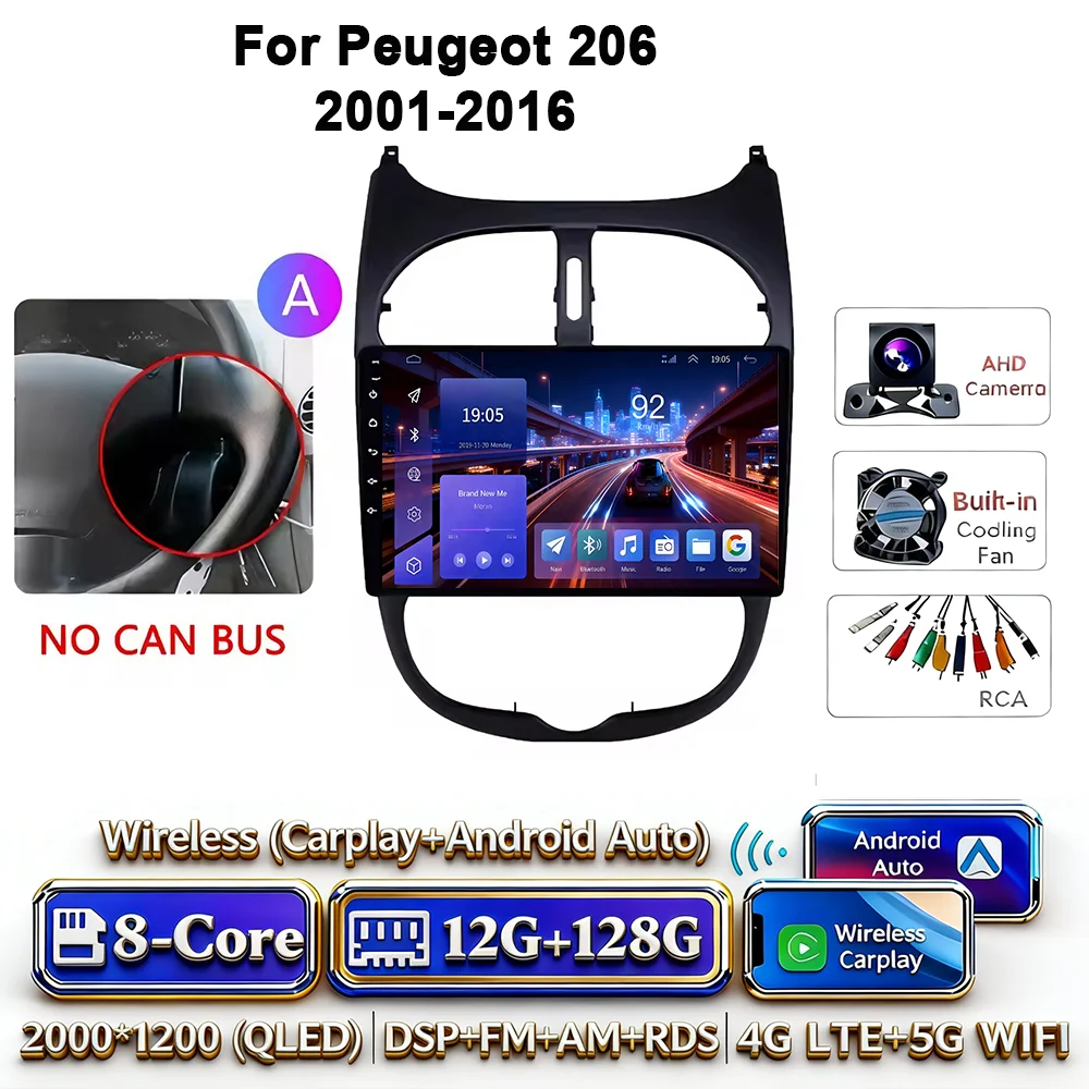Android 17 Carplay Android Auto 4G WIFI autoradio voor Peugeot 206 2001-2016 GPS DSP BT touchscreen multimediasysteem navigatie stereo