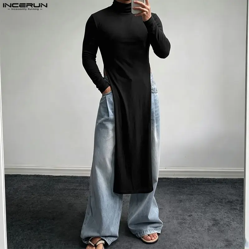 INCERUN Men T Shirt Solid Color Turtleneck Long Sleeve Knitted Split Long Style Tee Tops For Man Streetwear Fashion Men Clothes
