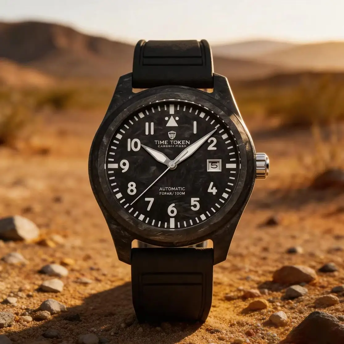 Time Token Lightweight Carbon Fiber Men Automatic Watch Military Style 100M Water Resistant Date Luminous Wristwatch T537