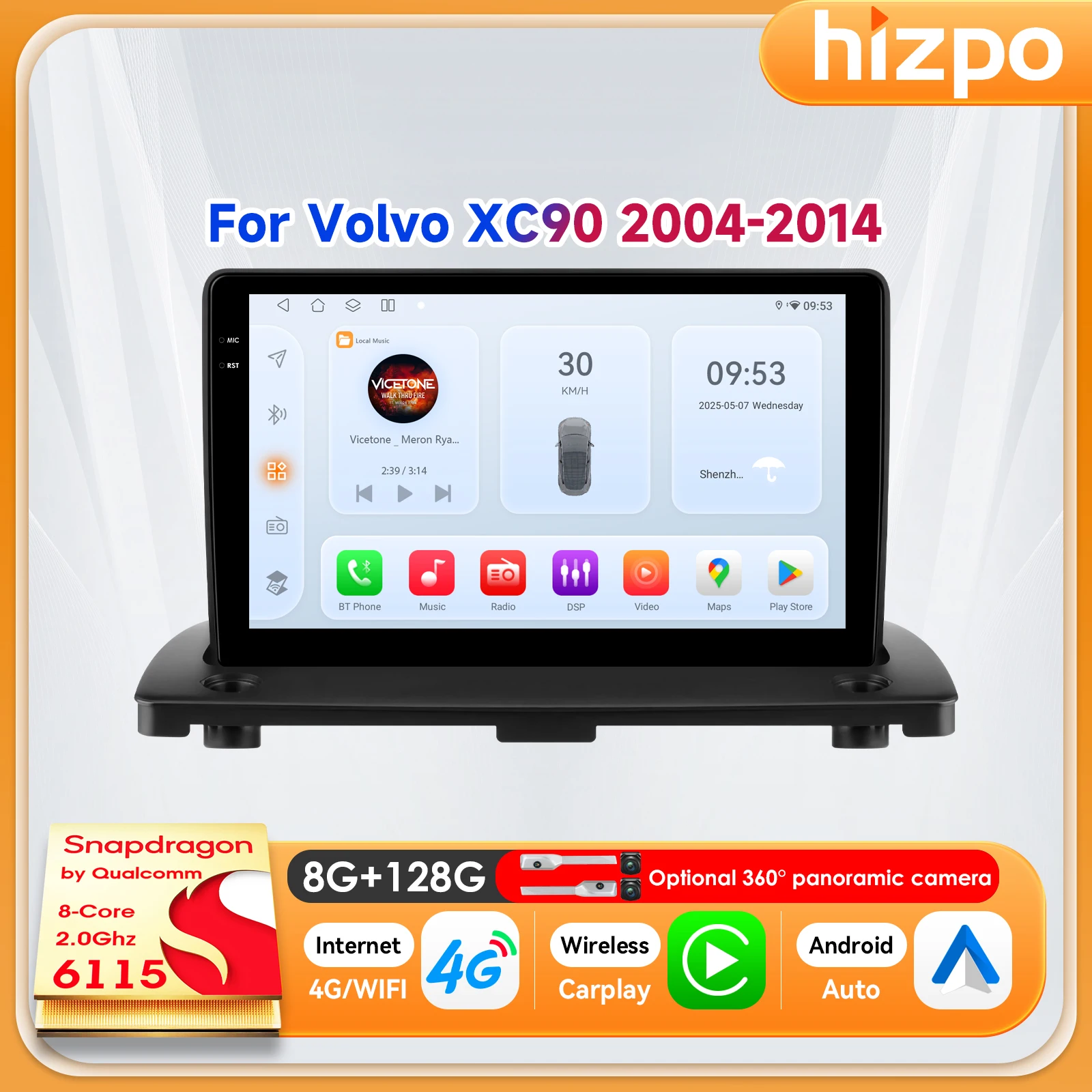 Hizpo Autoradio con Monitor Inteligente de 9 Pulgadas para Volvo XC90 2004 - 2014, Pantalla QLED, Reproductor Multimedia para Auto, SWC, Navegación, 2din, Carplay, WIFI, 8+128G