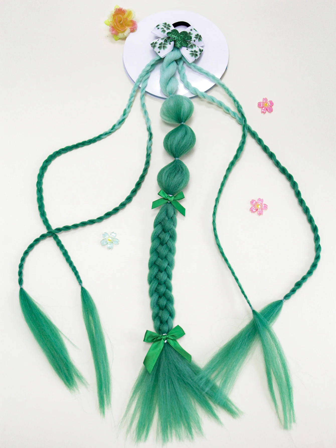 

Крутой сладкий стиль, зеленые градиентные пузырьковые косы, резинки для волос с бантом, коса - стильные волосы «конский хвост». Подходит для повседневного ношения