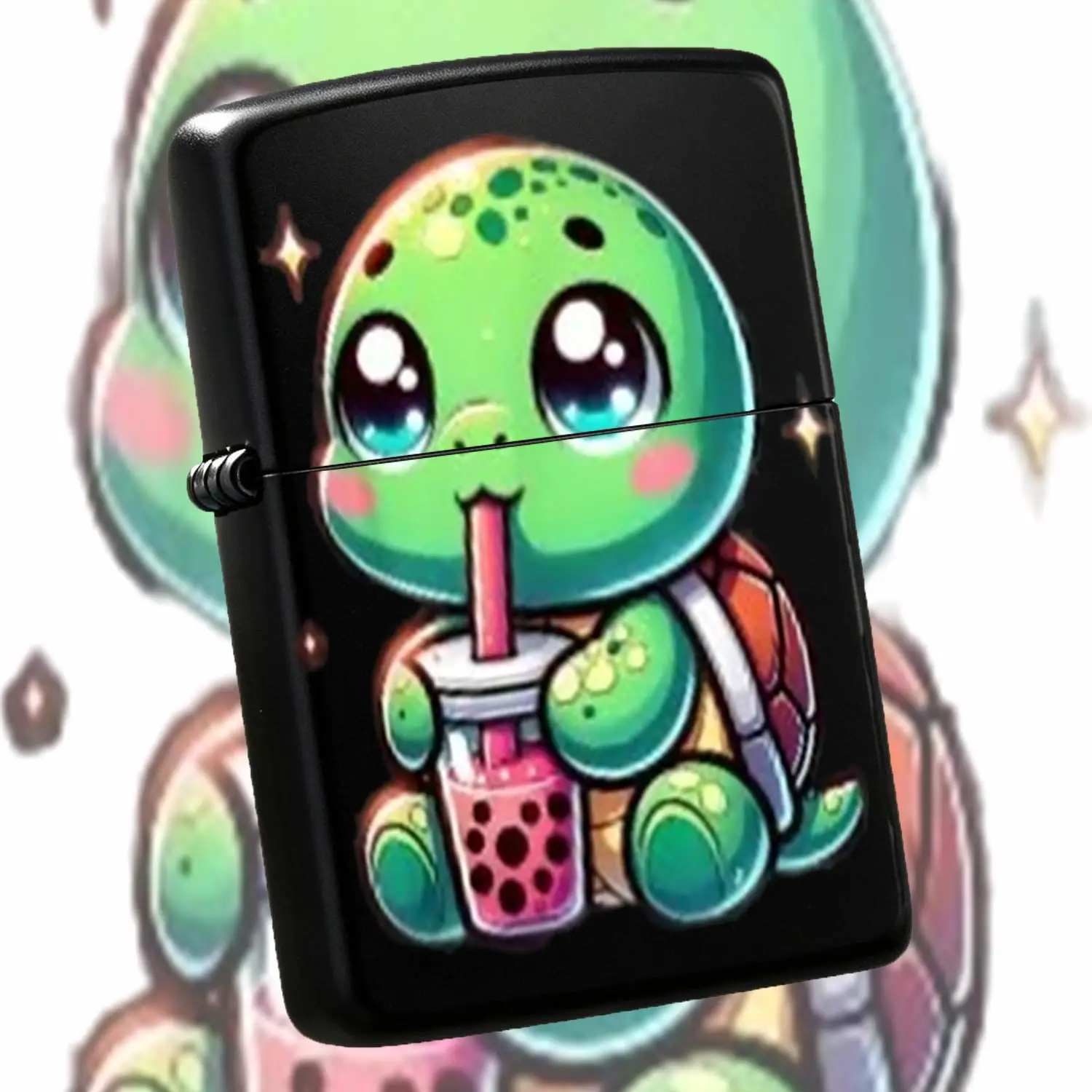 Cute Cartoon Baby Turtle Sipping Pink Boba Tea Lighter, Sparkling Chibi Tortoise Print Portable Lightweight Pocket Igniter, Ideal For Daily Gathering Travel Camping Party Favors, Sweet Fun Decorative Gift For Friends Bo A Humorous And Inter