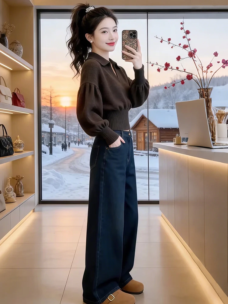 

Korean Sle V-Ne Knitted Sweater Women's Faionable Age-Defng Ele Beautiful Top for Autumn Winter