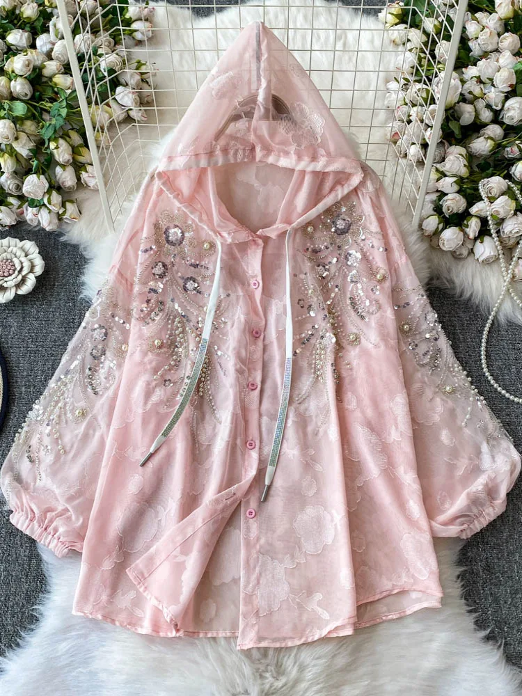 

Heavy Bead Embellied Lantern Sve irt Jaet Casual Loose Fit Slimming Hooded Blouse Korean Sle Commute