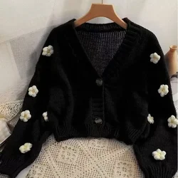 Harajuku Flower Cardigan Sweater Women Sweet Cute Long Sleeve Crop Knit Sweater Korean Y2K Streetwear Autumn Winter Casual Tops
