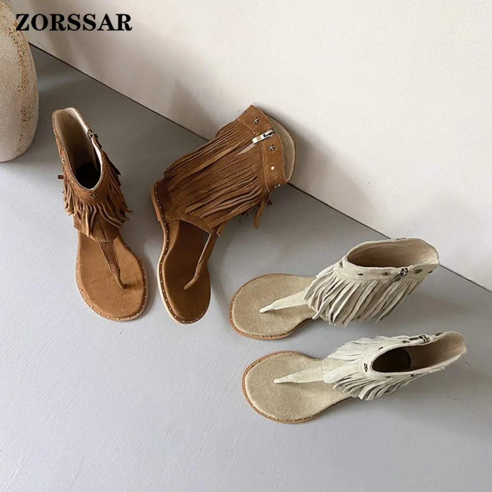 Women's Fringe Decor Studded Thong Toe Wedge Sandal Boots, Mid Calf Gladiator Platform Shoes, Casual Summer Footwear for Ladies - view 6