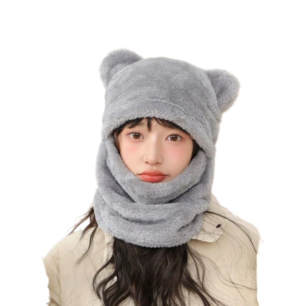 

Casual Korean Style Bear Cap Scarf Set Keep Warm Thick Beanies Cap Neck Protection Solid Color Winter Pullover Cap Women