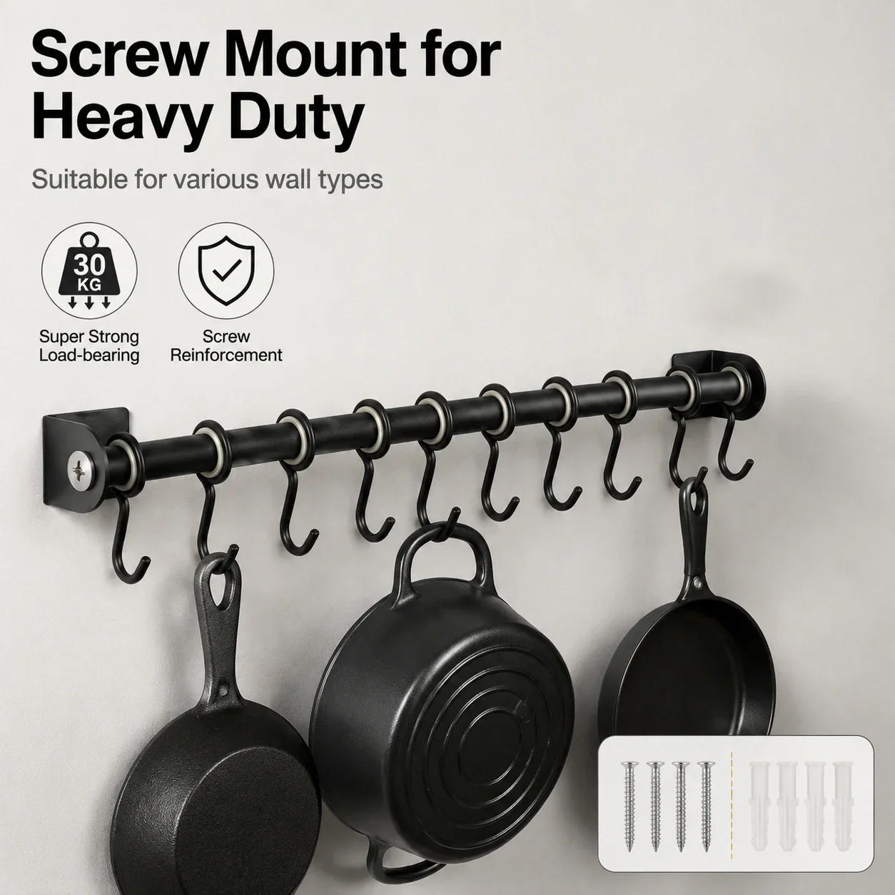Black Stainless Steel Kitchen Hanging Rod Wall Mounted Movable Hook Multi-Specification Options No Need for PU