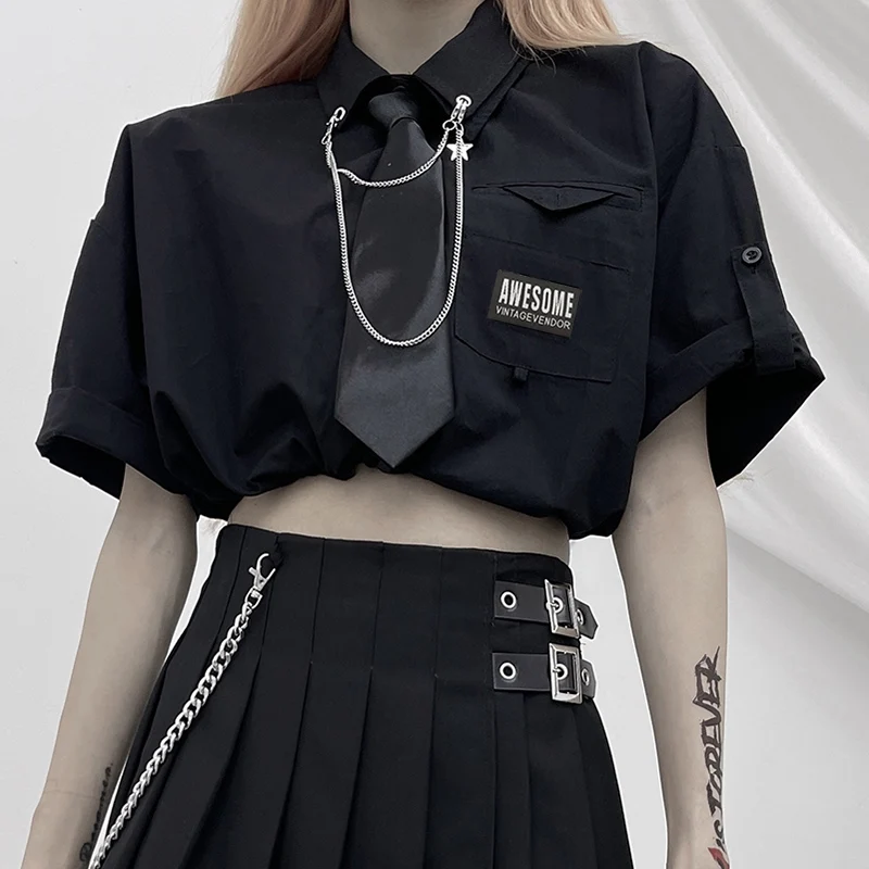 Summer Black American Sexy Short Sleeve Turn-down Collar Handsome Shirt Personalized Girl Chain Loose Street Punk Versatile Top