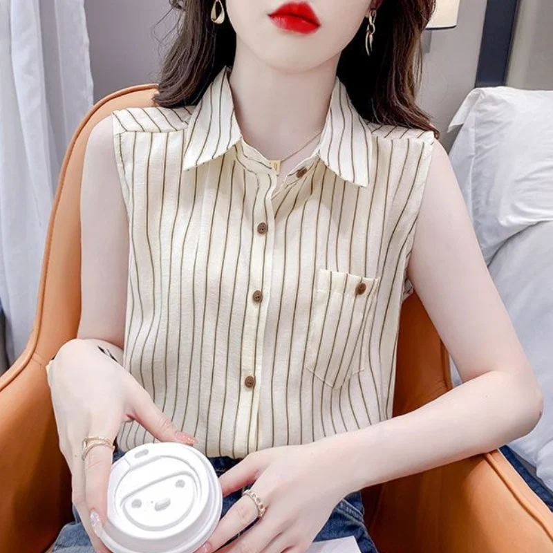 Summer Casual Women\'s Chiffon Sleeveless Striped Shirt Sweet Slim Top Office Lady All-Match Elegant Blouses With Pocket New Chic