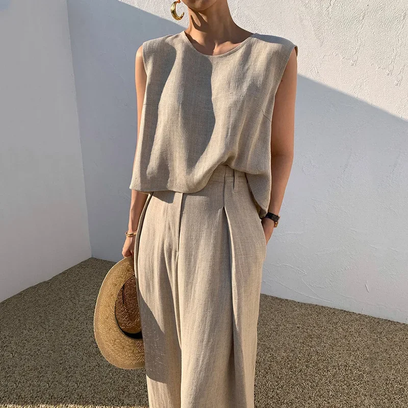 

Summer Women Cotton Linen Tops and Pants Two Pieces Sets Fashion Casual Loose Sleeveless Top and Wide Leg Pants Suits 2 Pieces