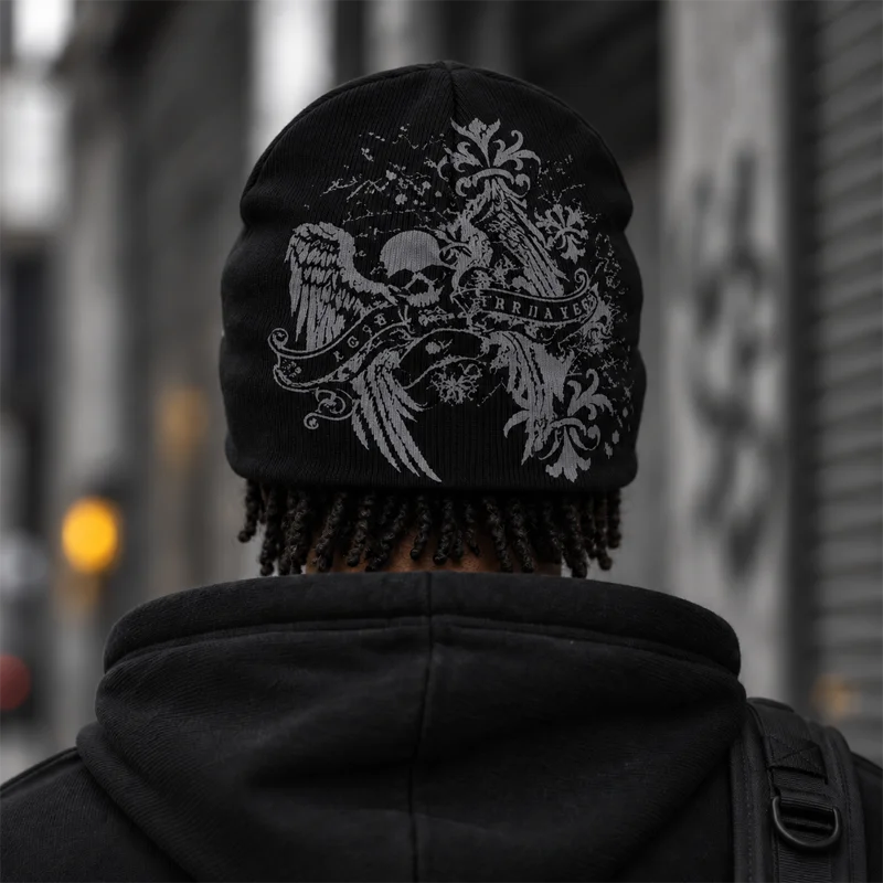 Winter Dark Retro Grunge Streetwear Skull‑Wing Scroll Print Ribbed Texture Stretchy Slouchy Knit Balaclava‑Style Beanie