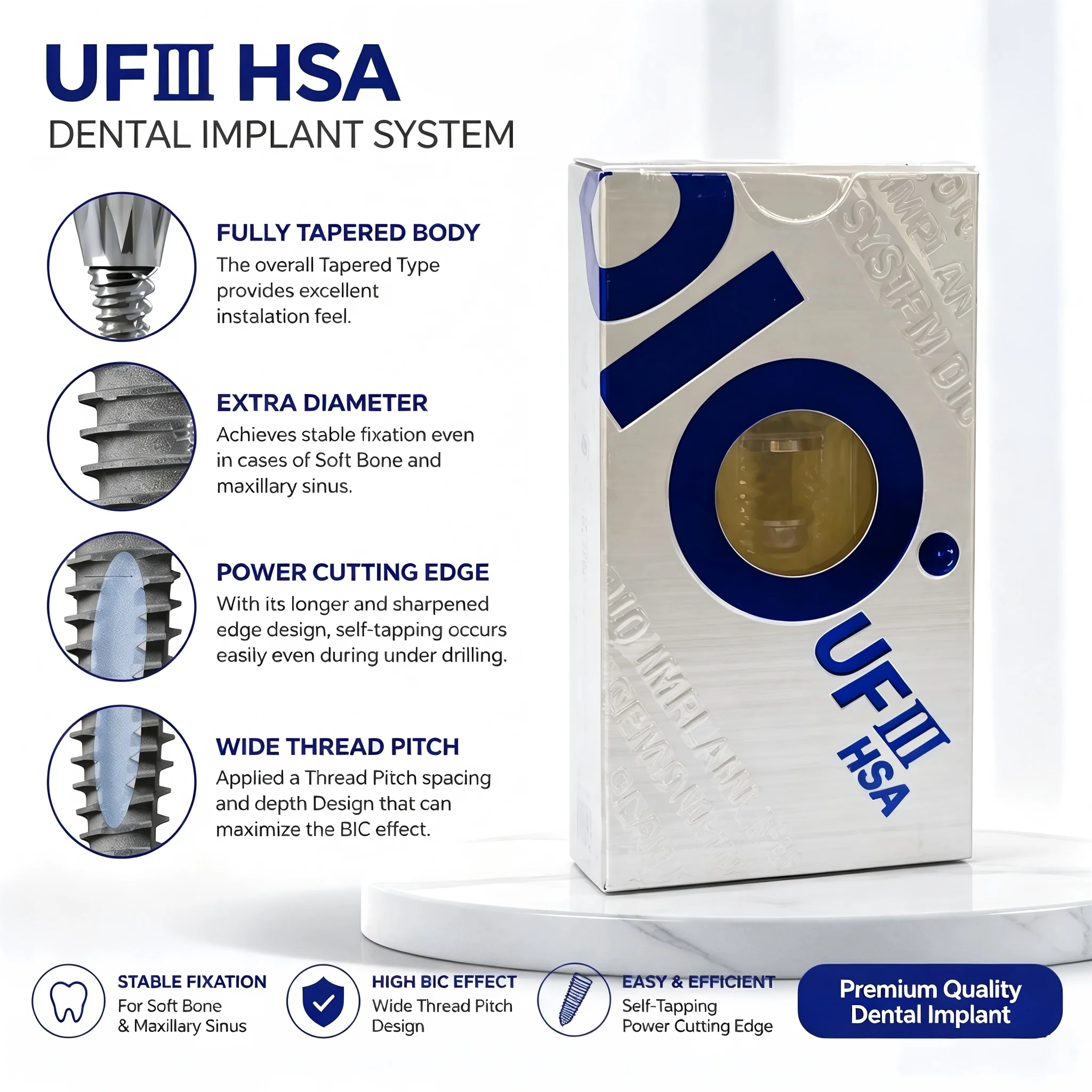 Genuine DIO UFIII Internal Implant, Hybrid SLA Surface, Grade 4 Ti, Tapered Body with Enhanced Thread for Bone Integration